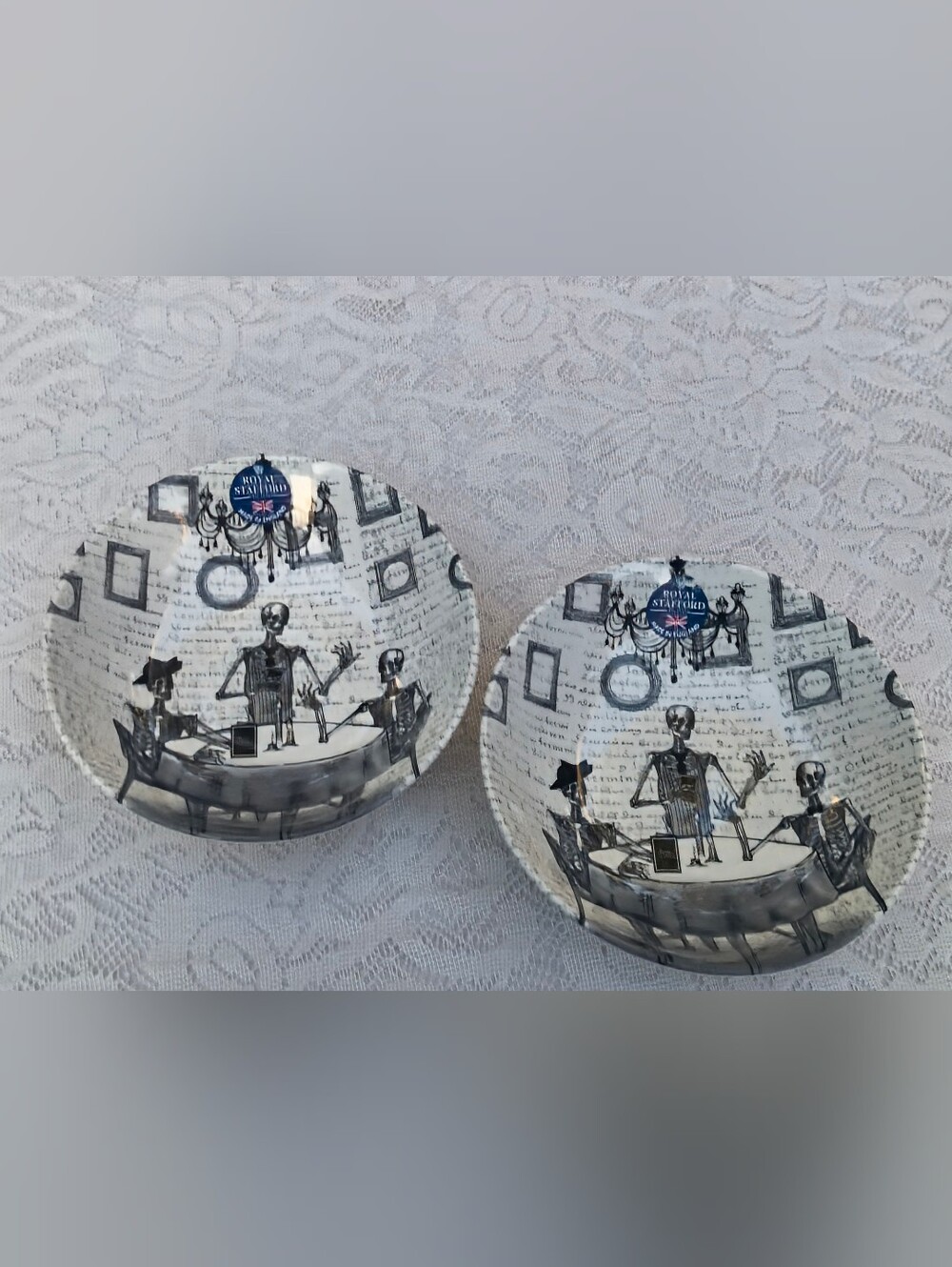 Pair of Victorian English Pottery Royal Stafford Halloween Skull  Cereal Bowls